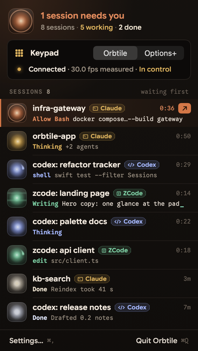 The Orbtile menu-bar popover with Claude Code, Codex and ZCode sessions, one waiting for approval