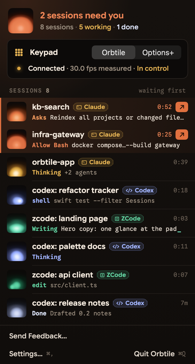 Example Mac session view with waiting and working sessions
