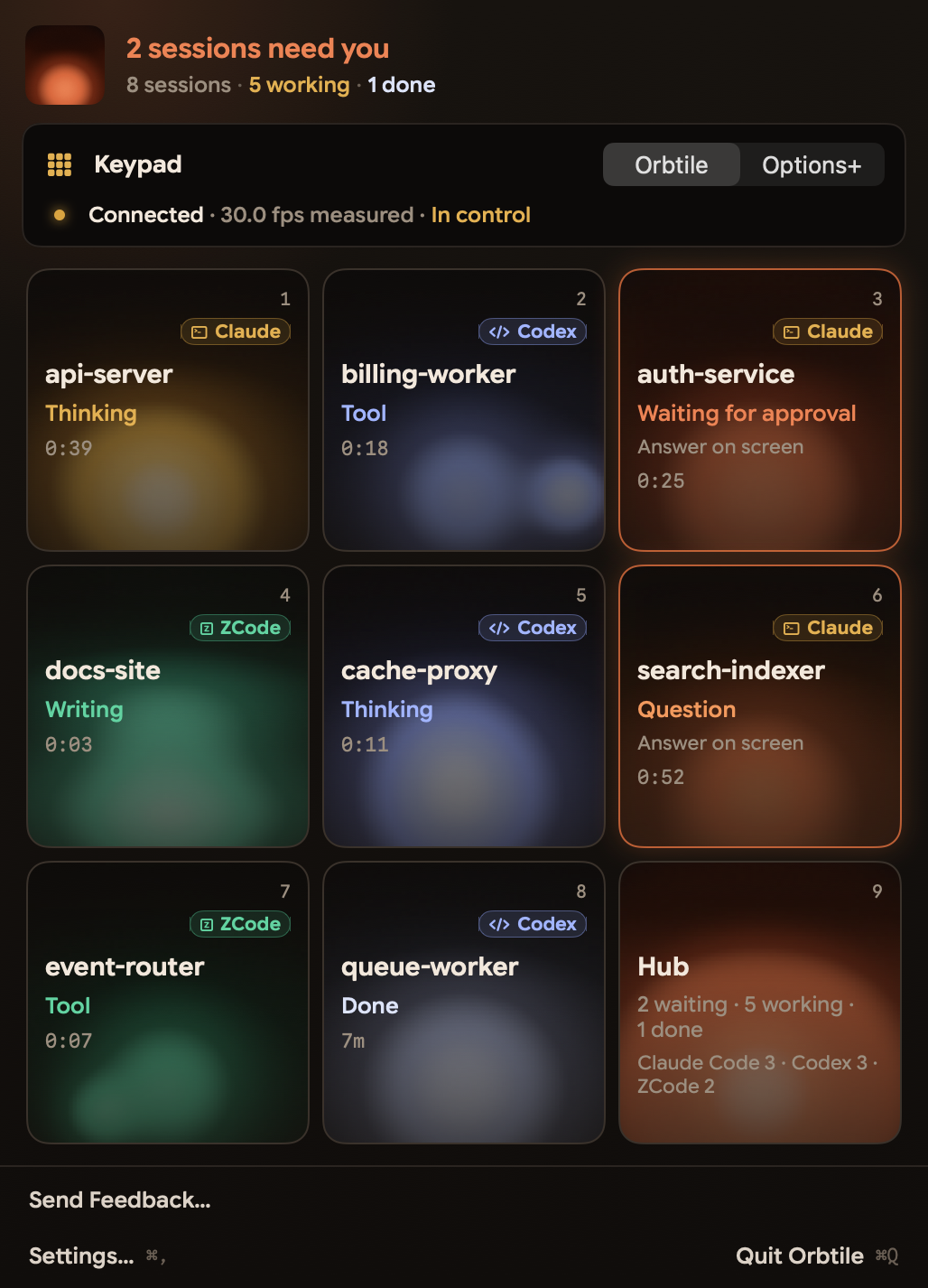 The current Orbtile Mac session view: nine squares for sessions and the hub, with example labels