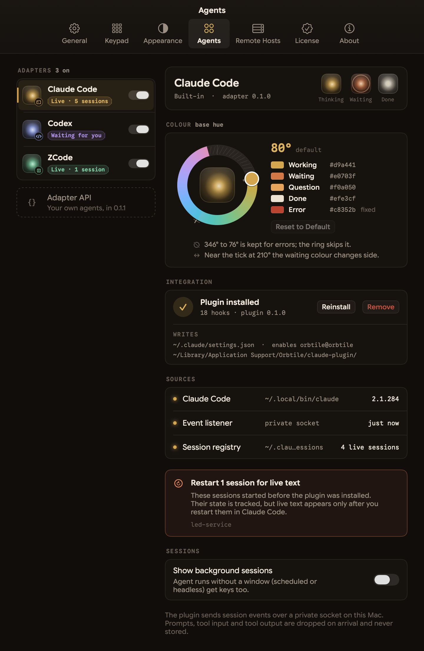 The Orbtile Agents settings tab showing per-agent enable toggles, adapter status, and the interactive hue ring for customising agent colors