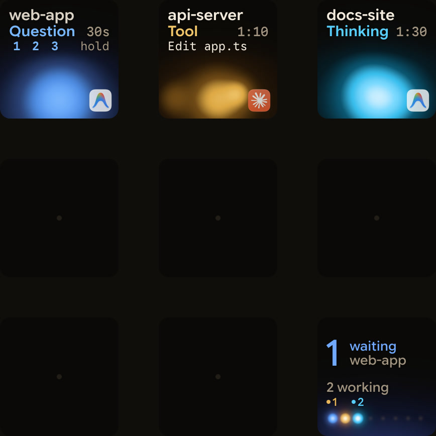 Keypad running Orbtile with an Antigravity conversation waiting on a question