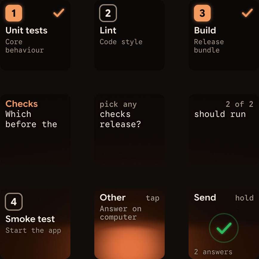 Orbtile on a Logitech MX Creative Keypad answering a Claude Code question: options on keys 1, 2, 3 and 7, the question across keys 4 to 6, Other on key 8 and Send on key 9.
