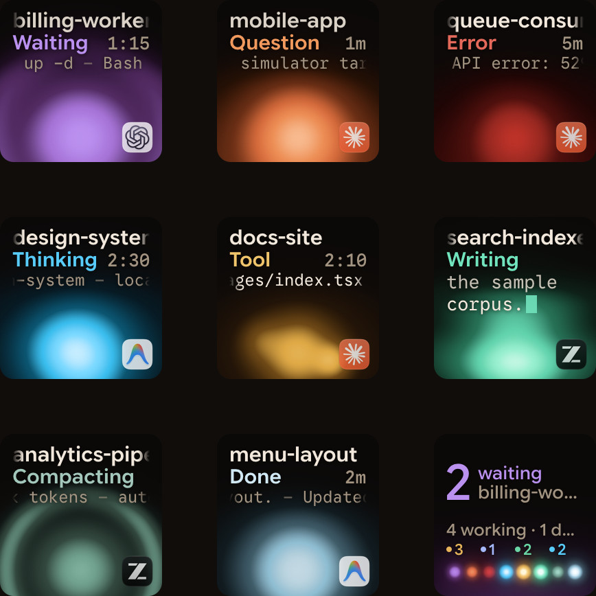 Logitech MX Creative Keypad running Orbtile, one key per coding-agent session with its name, state and latest words
