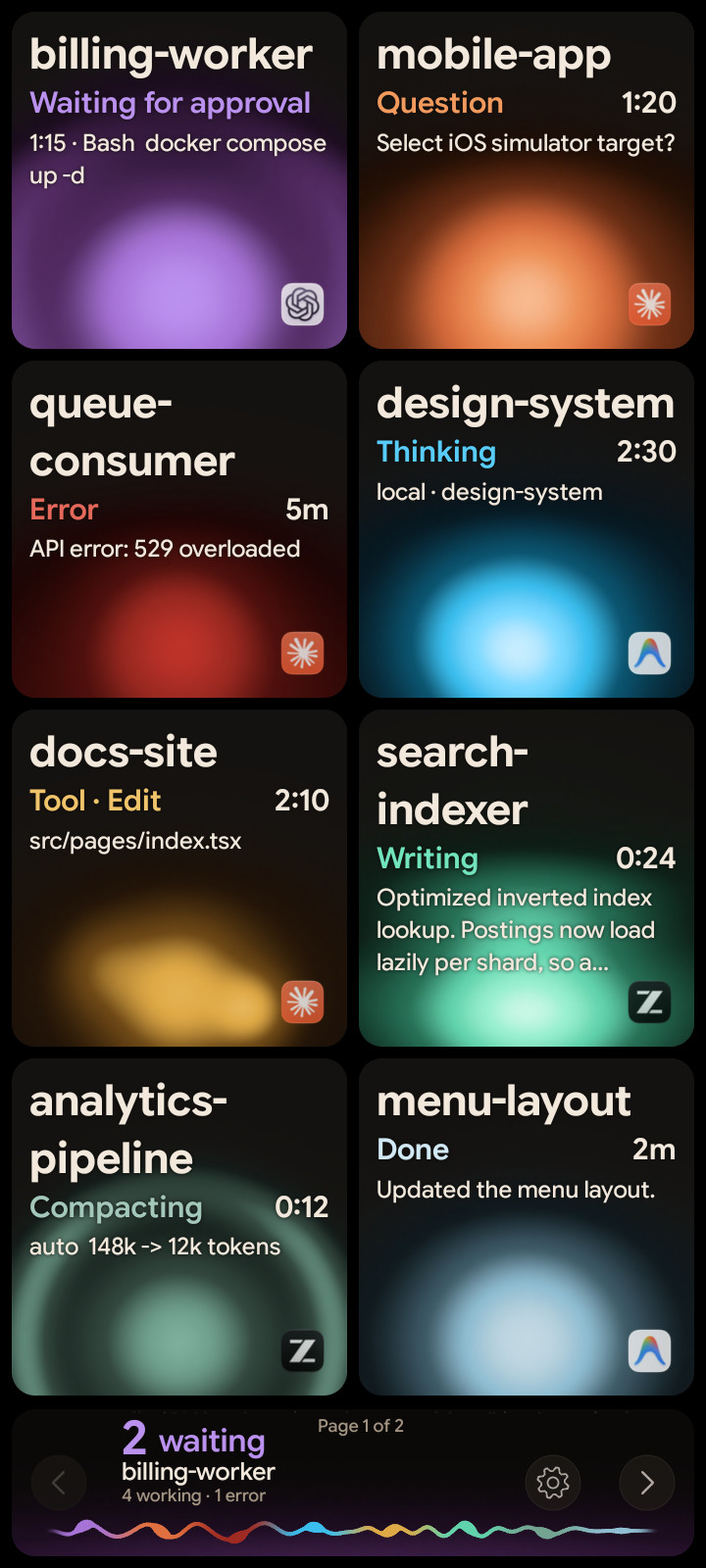 Orbtile Mobile on an Android phone, one tile per coding-agent session