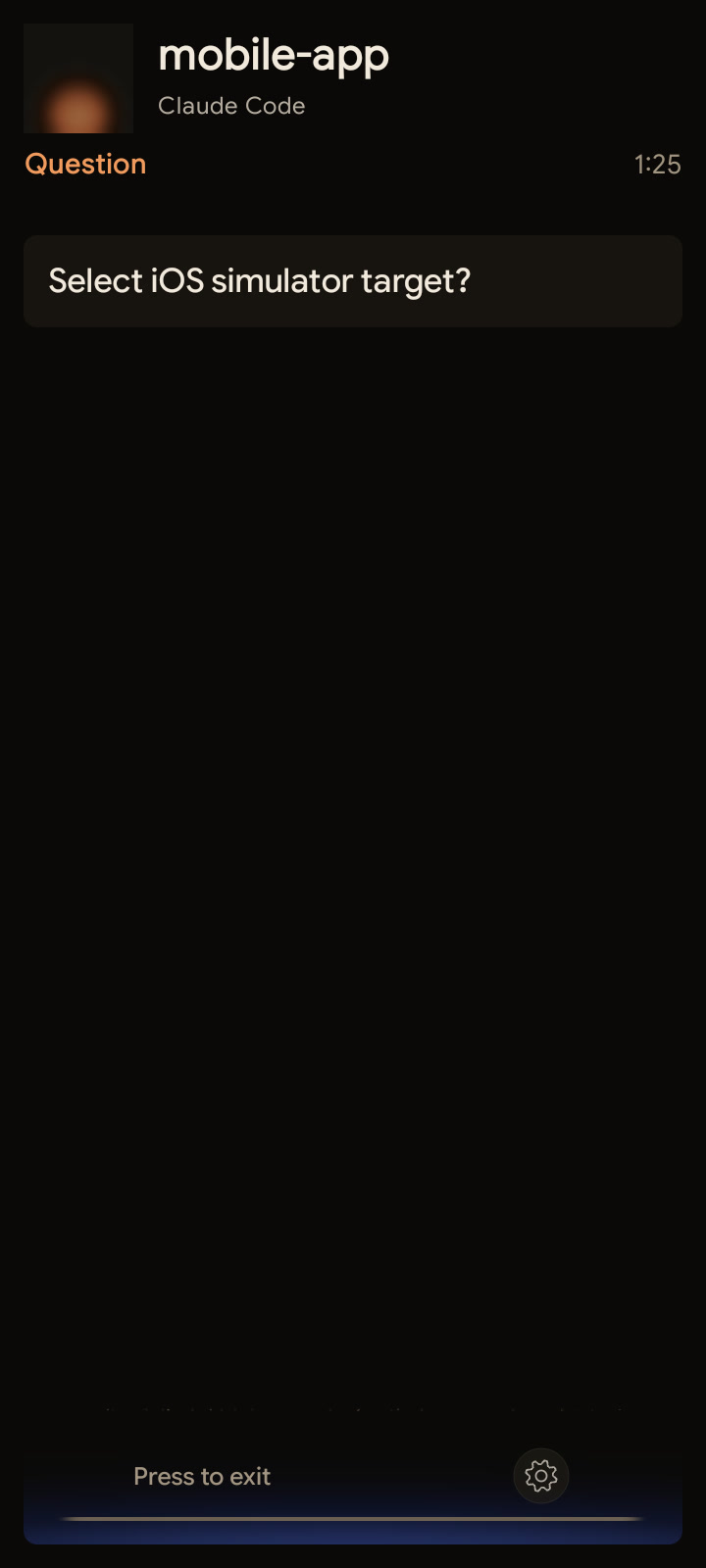 Orbtile Mobile for Android showing a sample question about an iOS simulator target