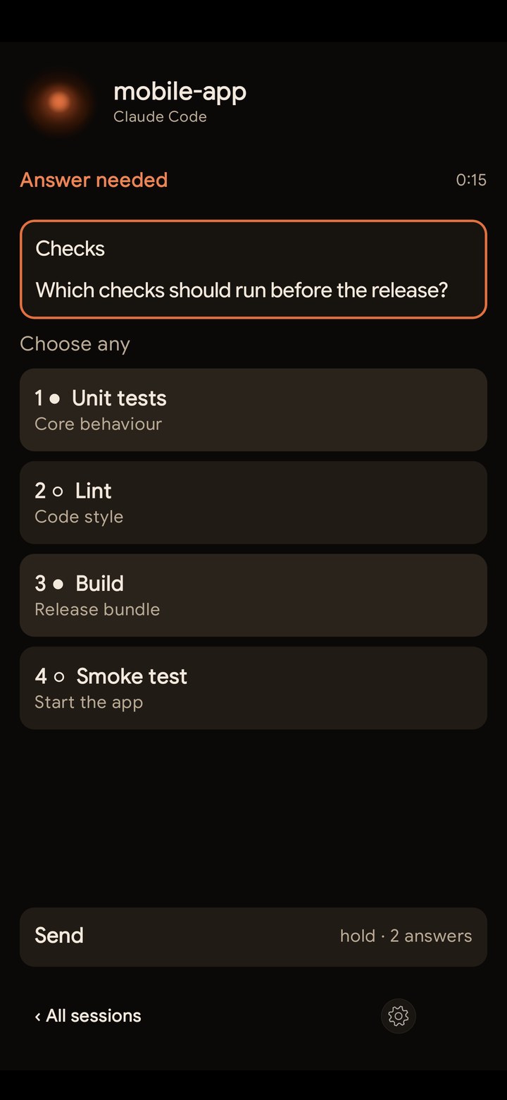 Orbtile Mobile for Android showing a sample question about which checks to run before a release